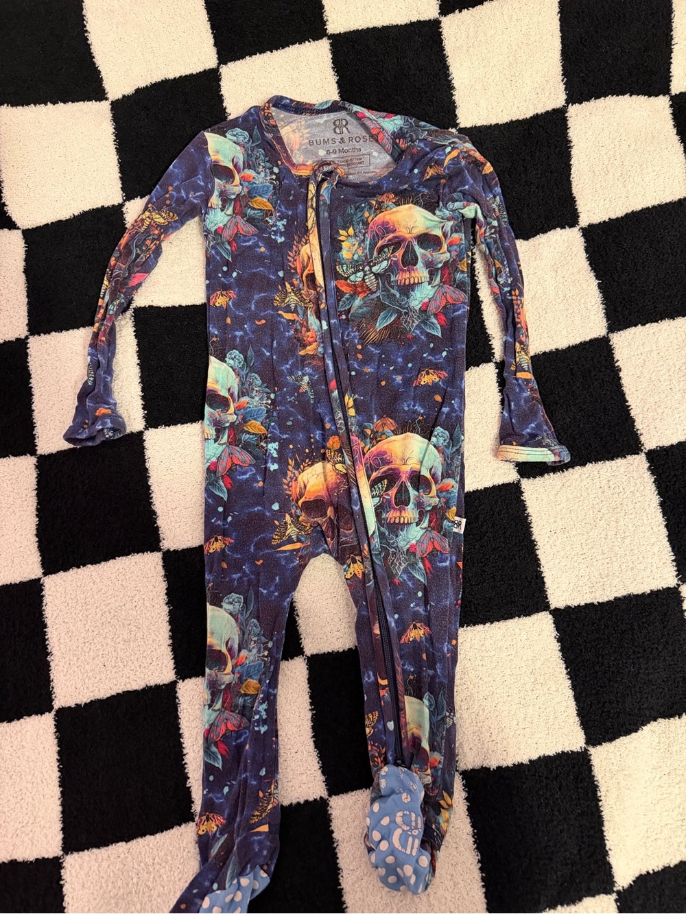 Bums & Roses Navy Skull-Print Zip Footie Pajamas